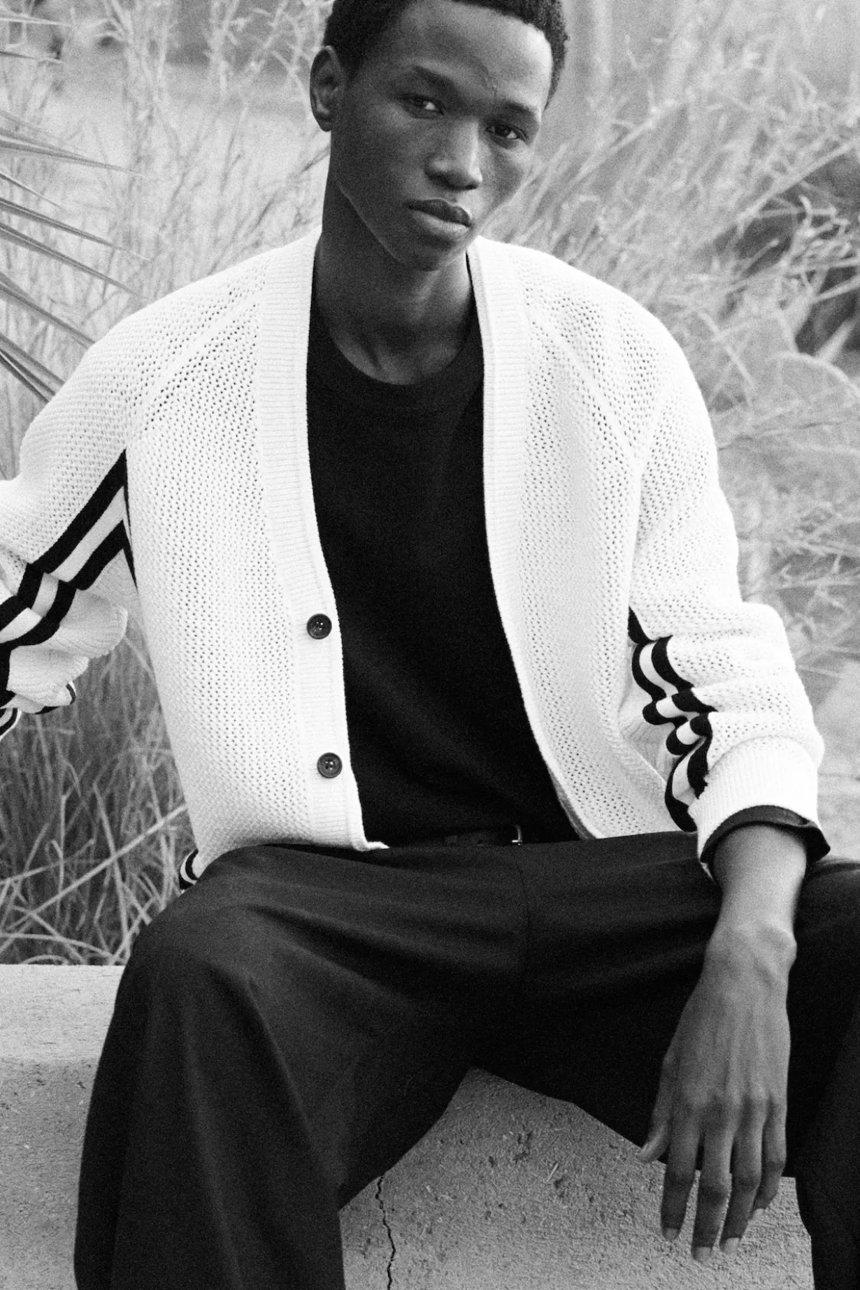 STRIPED OPEN-KNIT COTTON CARDIGAN