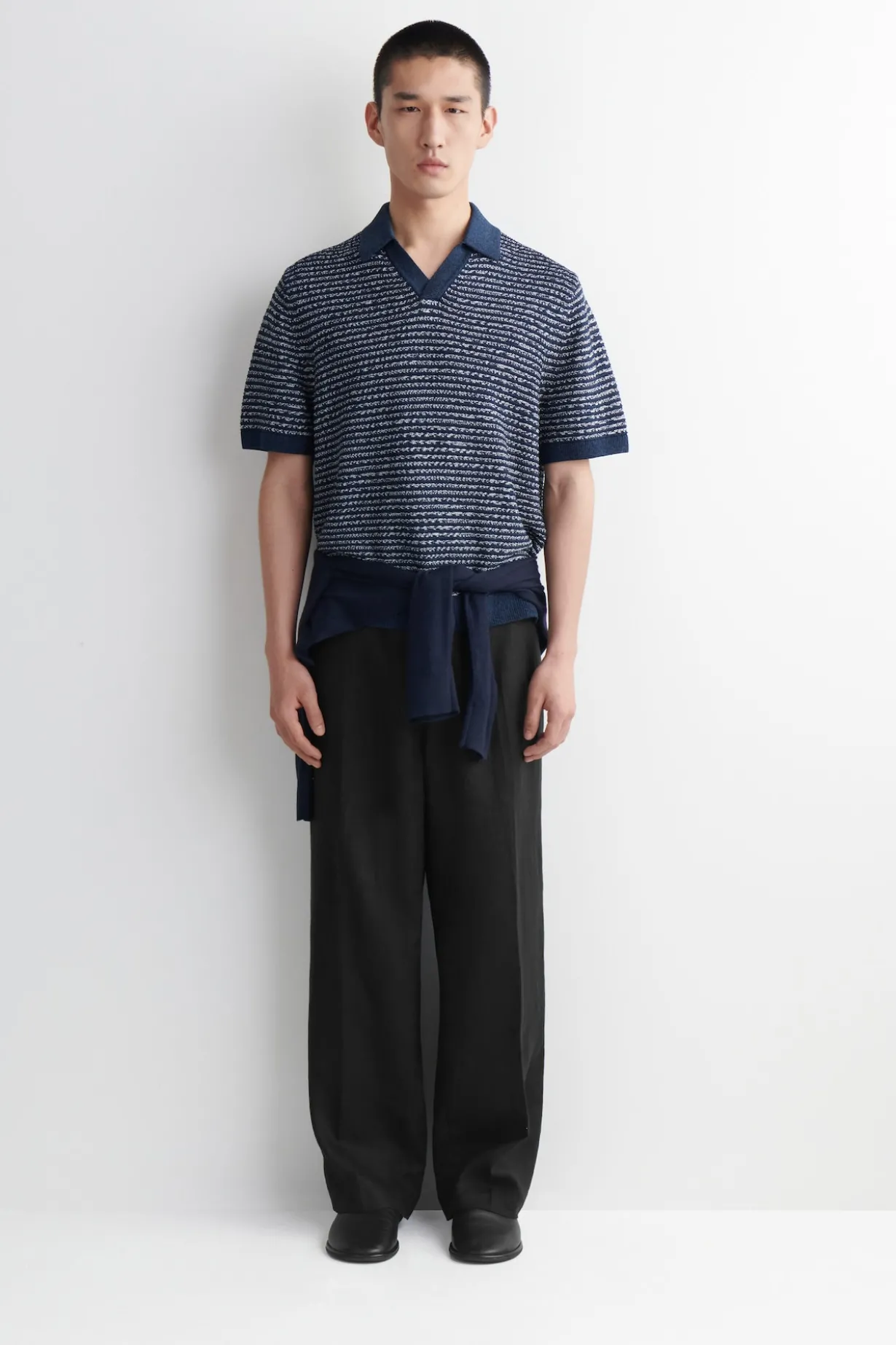 STRIPED OPEN-KNIT POLO SHIRT