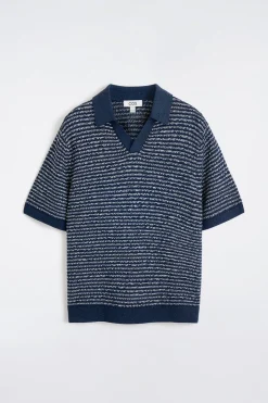 STRIPED OPEN-KNIT POLO SHIRT