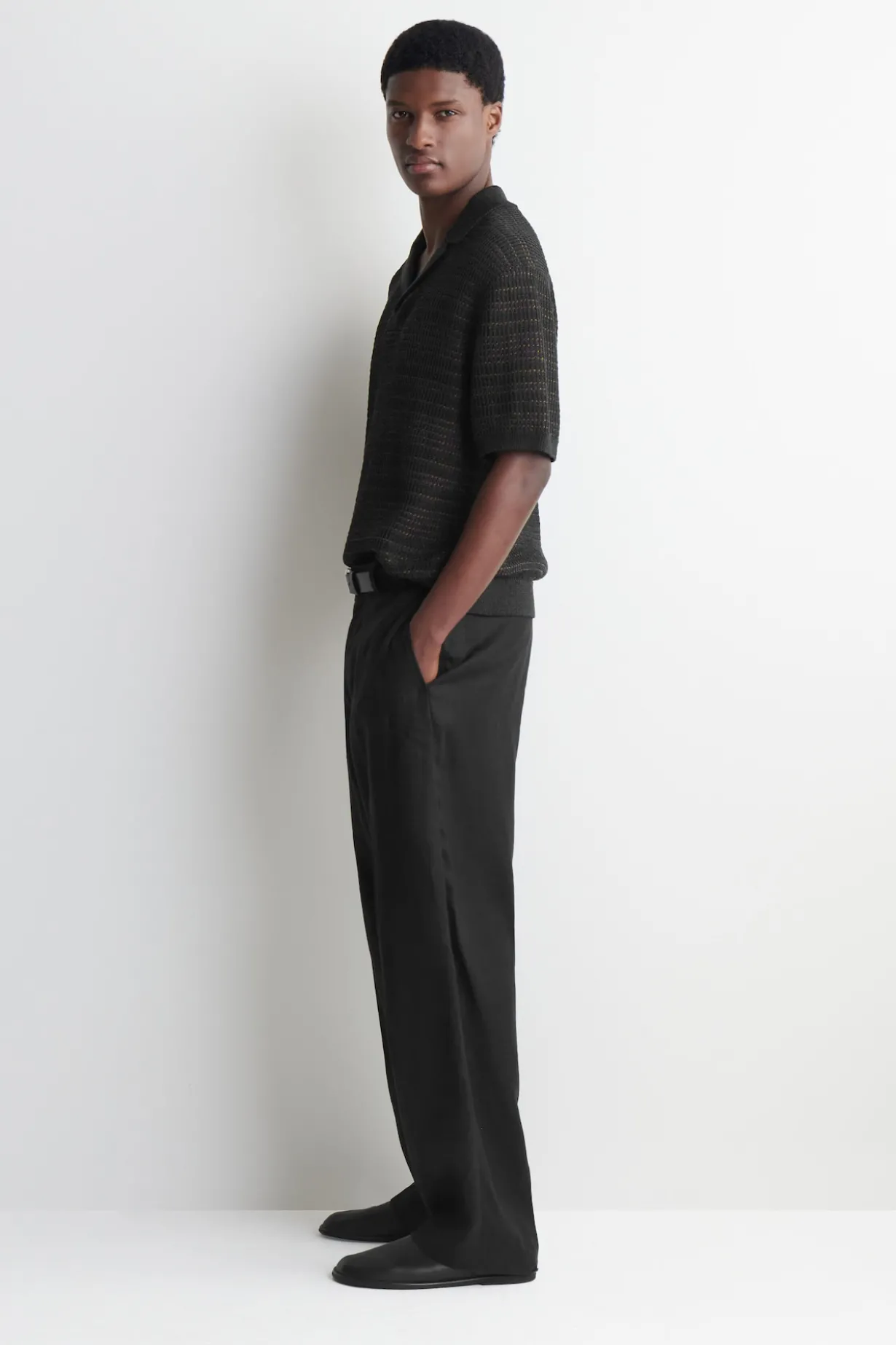 STRIPED OPEN-KNIT POLO SHIRT