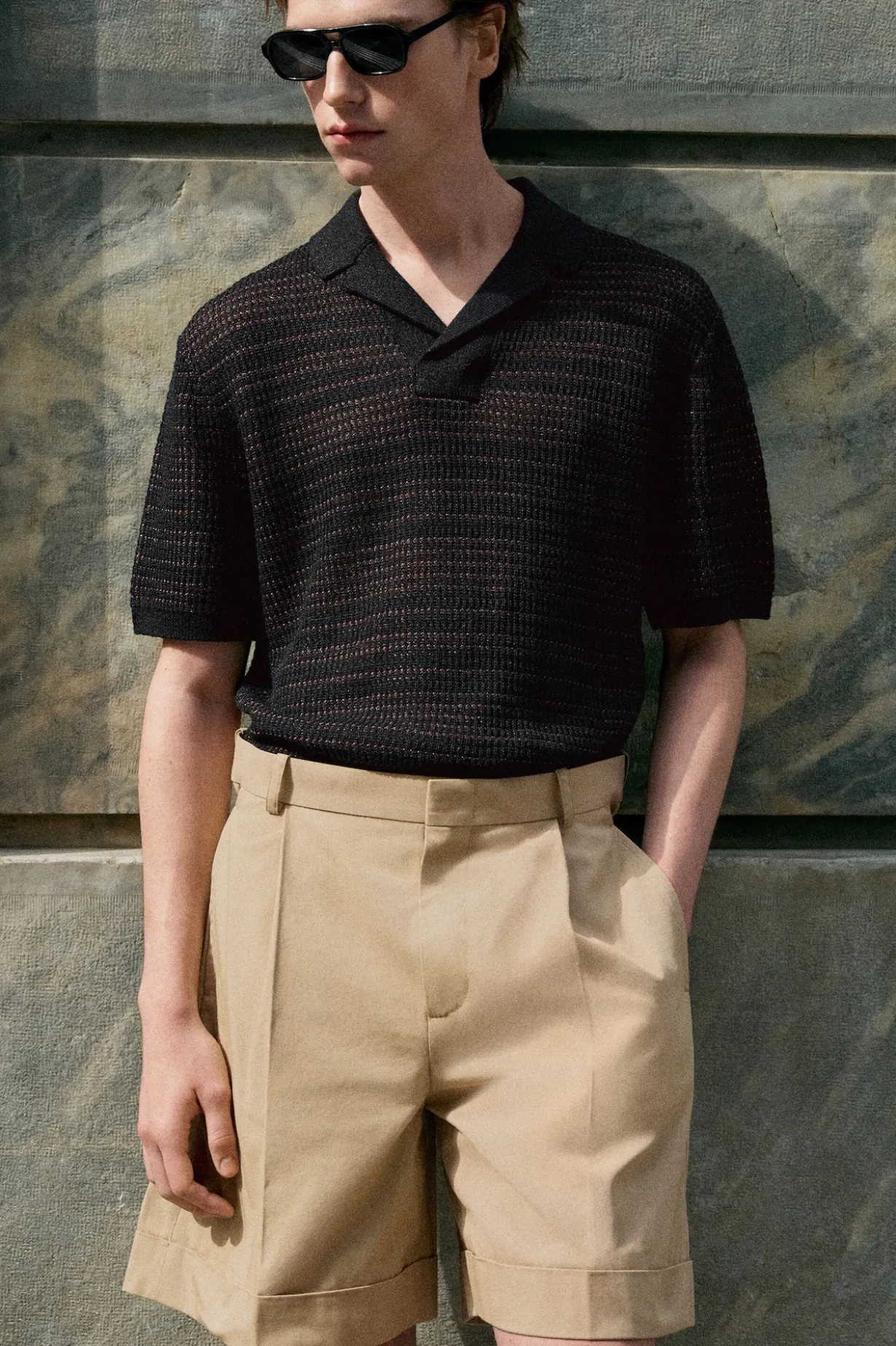 STRIPED OPEN-KNIT POLO SHIRT